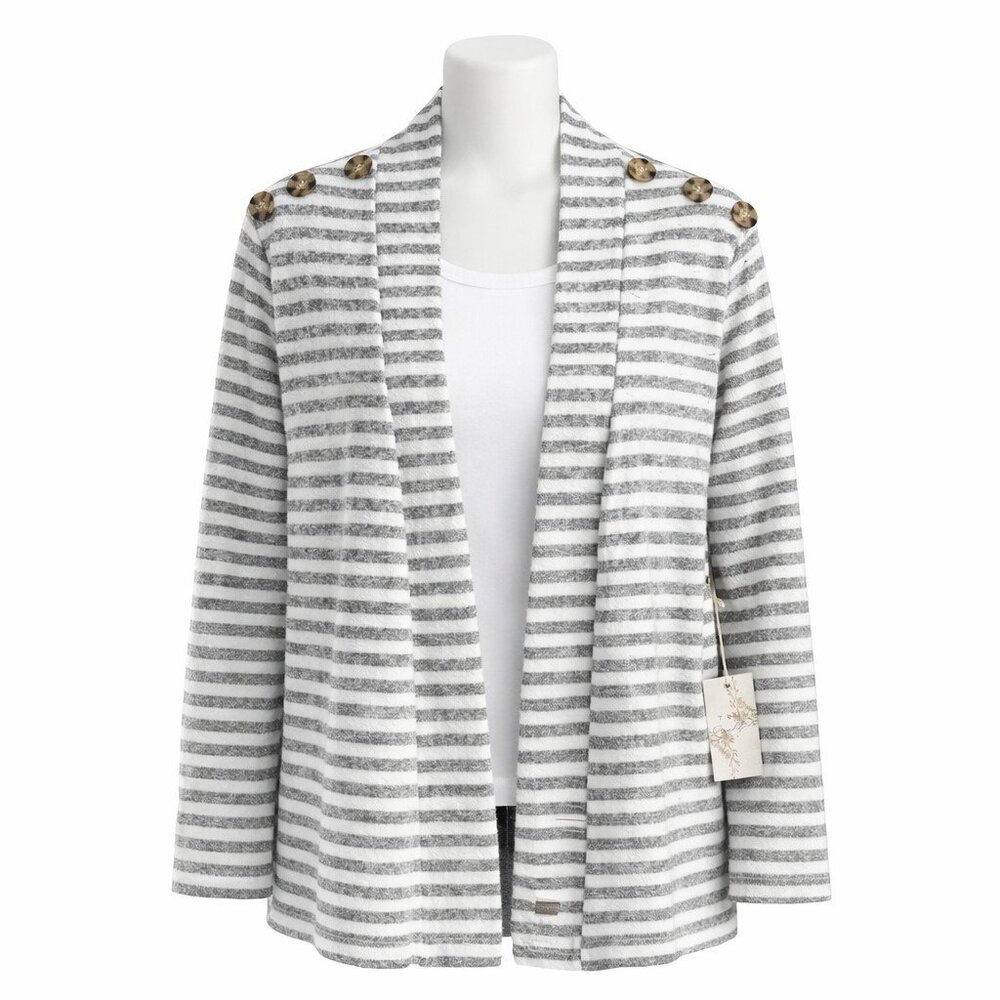 TRU SELF Striped Open Front Cardigan Button Shoulder Knit Women L NWT‎